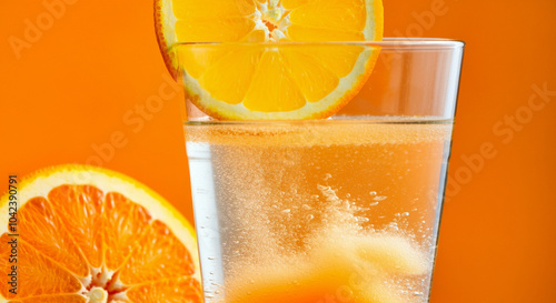 Glass of refreshing orange drink with citrus slices vibrant beverage against orange background