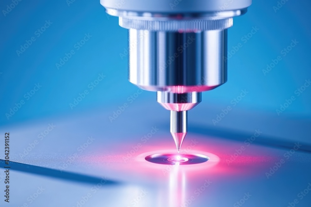 A laser engraving tool precisely carves intricate patterns onto a surface, with a focused beam of light creating a vibrant pink glow. A laser engraving tool precisely carves intricate patterns onto a surface, with a focused beam of light creating a vibrant pink glow.