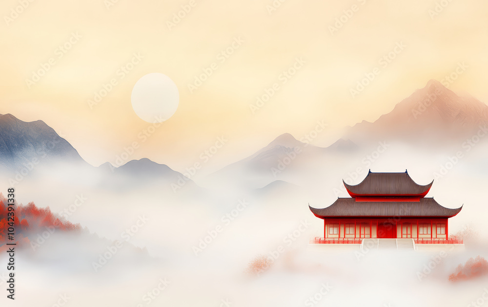 Obraz premium Traditional Chinese style of minimalist landscape painting art background 