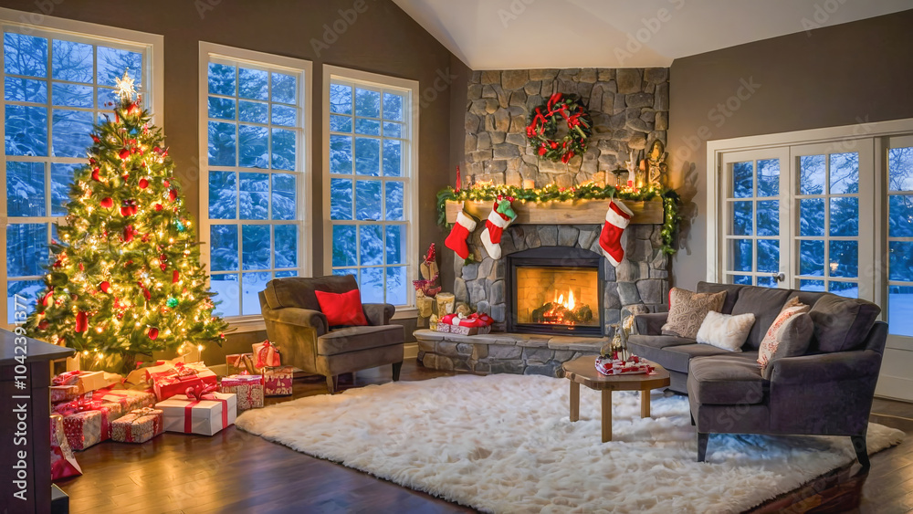 Obraz premium AI-generated image of Christmas comes to life with a warm cozy fireplace