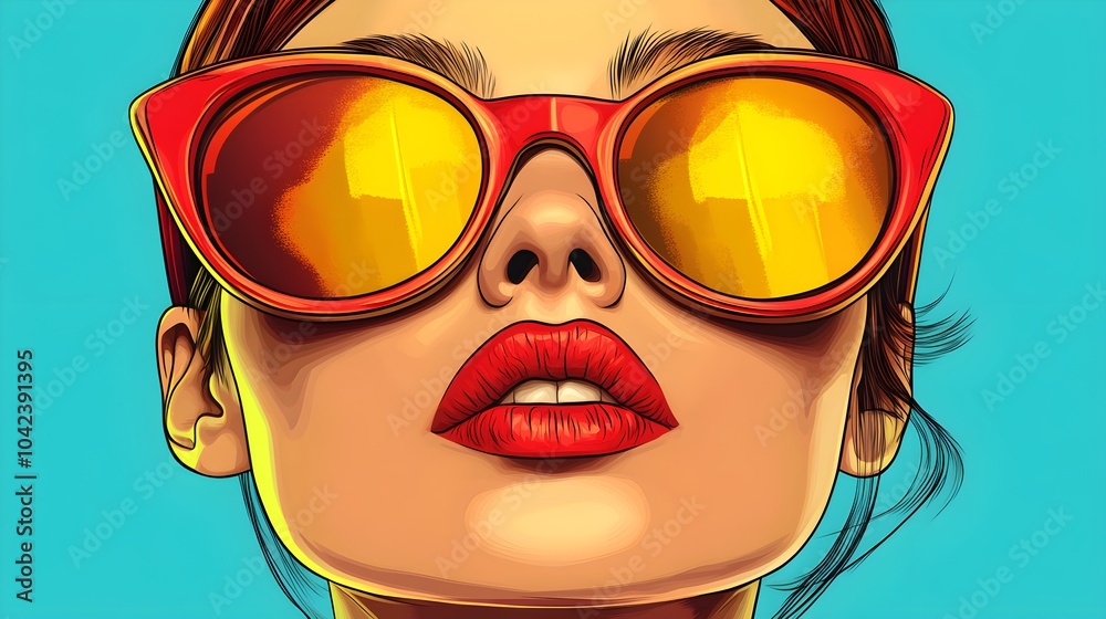 Overhead close-up of a woman in flashy sunglasses, retro pop art style, bold reds and yellows, vivid color palette with a contemporary twist, High Detail, Dynamic Overhead close-up of a woman in flashy sunglasses, retro pop art style, bold reds and yellows, vivid color palette with a contemporary twist, High Detail, Dynamic