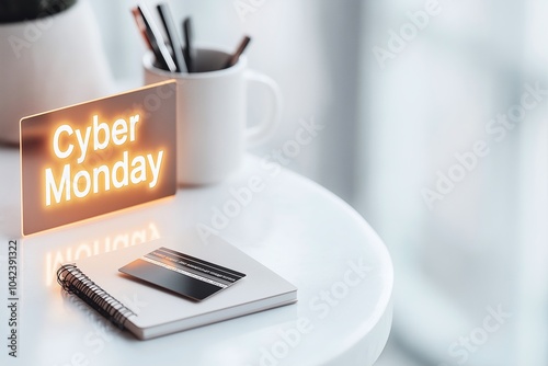 A serene workspace with a Cyber Monday light box, notebook, credit cards, and pens, symbolizing e-commerce and online shopping deals. photo