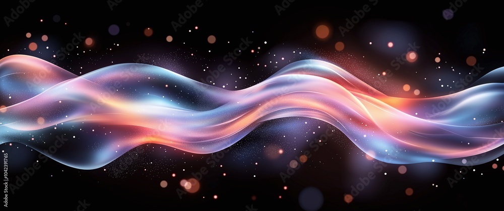 Obraz premium Abstract vibrant wave with colorful glow and shimmering particles on a dark background, perfect for creative and modern design projects.