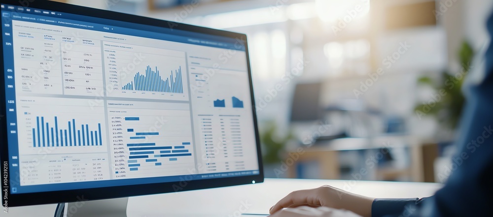 Business professional analyzing data on computer screen displaying charts and graphs in modern office environment.