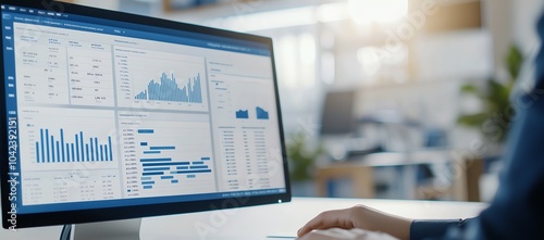 Obraz na płótnie Business professional analyzing data on computer screen displaying charts and graphs in modern office environment. w salonie