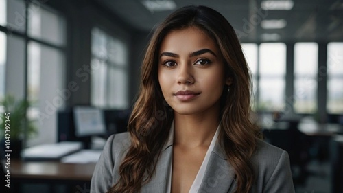 Portrait of a young beautiful Latin Hispanic business woman in office background
