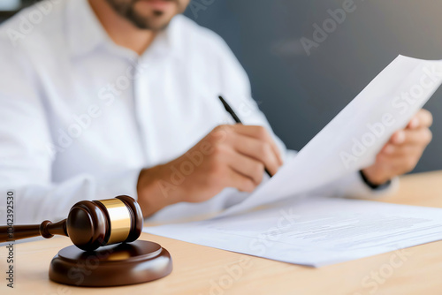 Close-up of a lawyer working at a desk, reviewing legal documents with a gavel nearby, highlighting the legal profession and justice system. photo