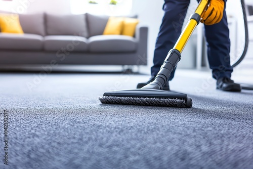 Close-up of a person vacuuming a carpet in a modern living room with a sofa in the background, focusing on cleanliness and hygiene. photo