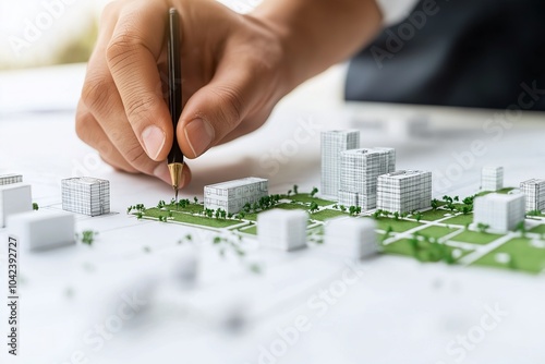 Close-up of an architect's hand drawing on a city planning model showcasing urban design and development with buildings and green spaces. photo