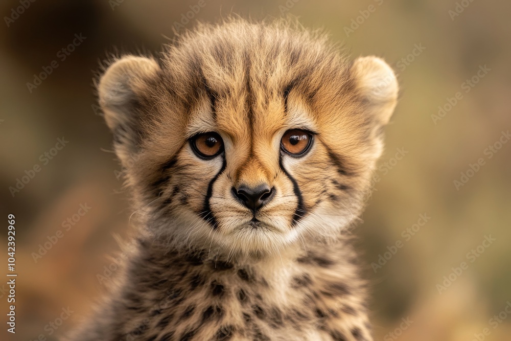 Obraz premium Mystic portrait of baby African Cheetah in studio, copy space on right side, Headshot, Close-up View, isolated on white background
