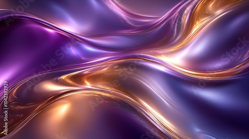 Flowing metallic waves of gold and purple, sharp highlights, 3D surrealist background, smooth and glossy, futuristic tone, high resolution