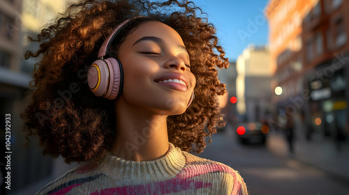 A young woman enjoying musi...
