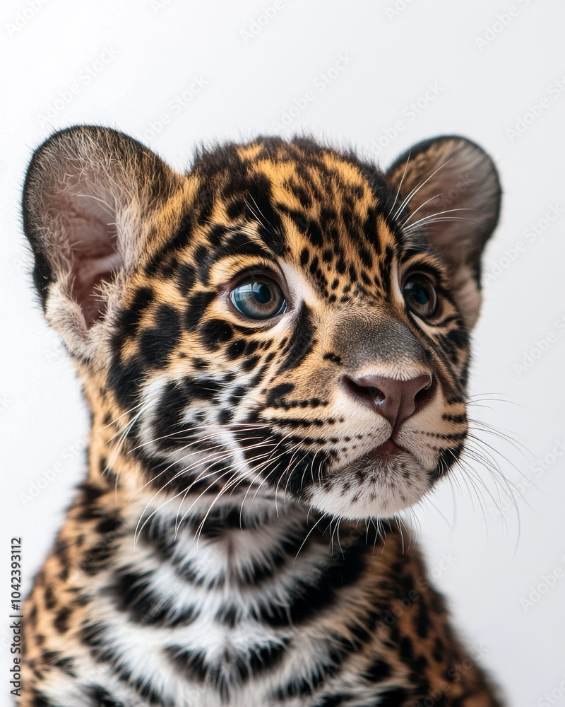 Mystic portrait of baby Amazon Jaguar, copy space on right side, Headshot, Close-up View, isolated on white background Mystic portrait of baby Amazon Jaguar, copy space on right side, Headshot, Close-up View, isolated on white background