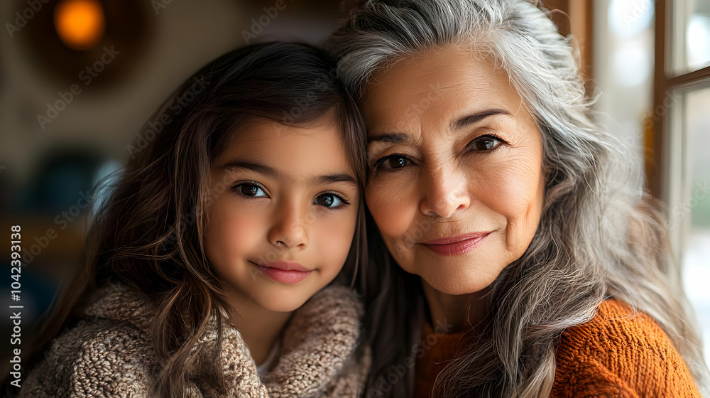 Fototapeta premium A warm portrait of a grandmother and granddaughter sharing a moment.
