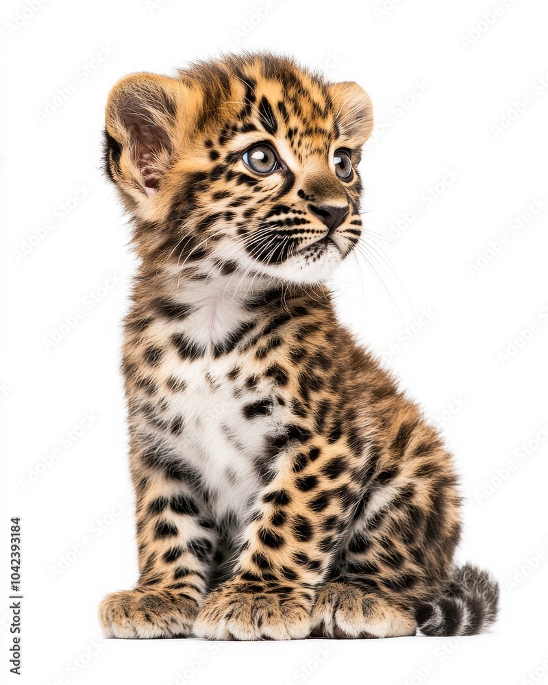Mystic portrait of baby Amur Leopard, copy space on right side, Headshot, Close-up View, isolated on white background Mystic portrait of baby Amur Leopard, copy space on right side, Headshot, Close-up View, isolated on white background