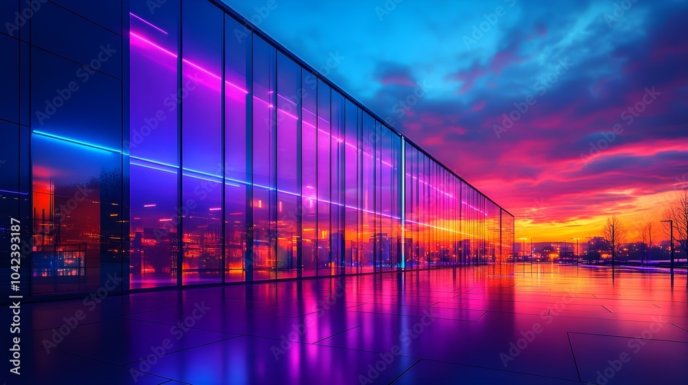 Obraz premium High-tech building with vibrant holographic lights at twilight, neon reflections on glass, futuristic architecture, bold purple and blue tones, digital painting style