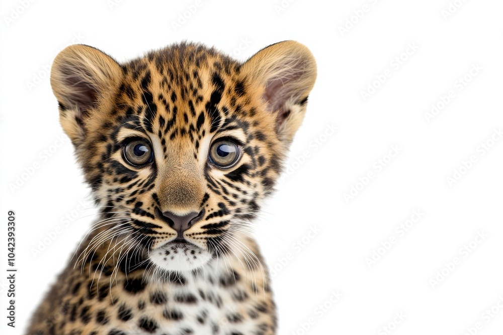 Mystic portrait of baby Arabian Leopard in studio, copy space on right side, Headshot, Close-up View, isolated on white background Mystic portrait of baby Arabian Leopard in studio, copy space on right side, Headshot, Close-up View, isolated on white background
