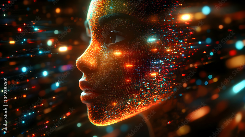 Portrait of a woman with a sparkling, vibrant abstract background. Portrait of a woman with a sparkling, vibrant abstract background.
