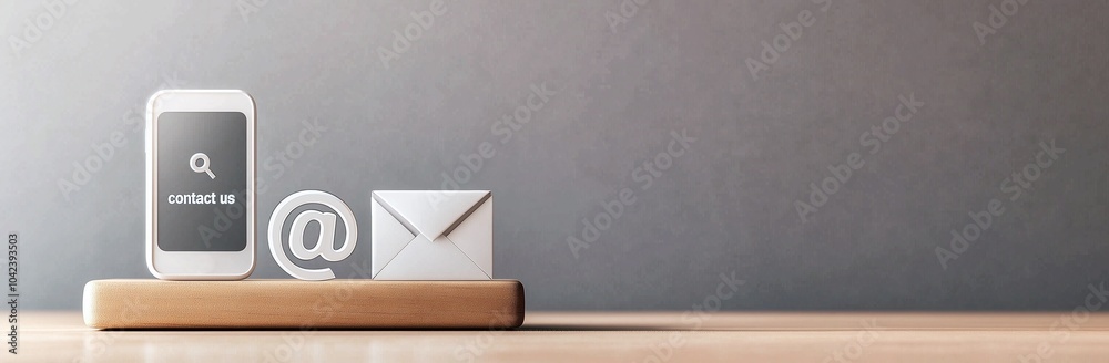Digital communication icons including smartphone, at symbol, and envelope on wooden shelf against gray background. Modern technology concept. Digital communication icons including smartphone, at symbol, and envelope on wooden shelf against gray background. Modern technology concept.