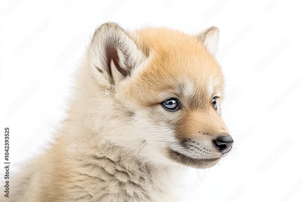 Fototapeta premium Mystic portrait of baby Arctic Wolf in studio, copy space on right side, Headshot, Close-up View, isolated on white background