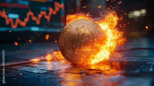 Bitcoin coin engulfed in flames, symbolizing the volatility and risk of cryptocurrency markets