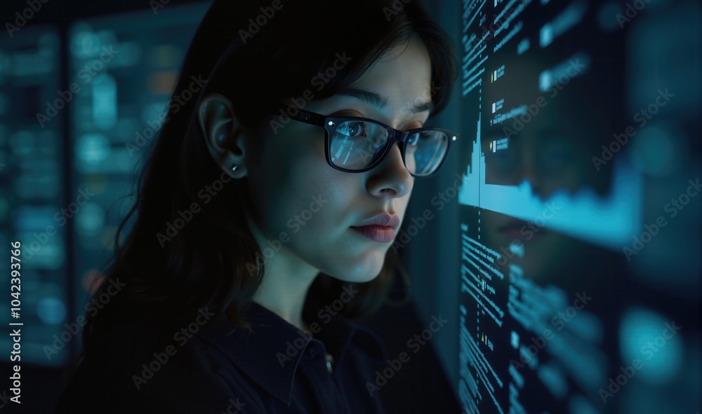 A focused young woman analyzes data in a high tech environment, embodying the essence of innovation and intelligence in tech and cybersecurity. A focused young woman analyzes data in a high tech environment, embodying the essence of innovation and intelligence in tech and cybersecurity.
