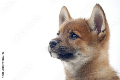 Mystic portrait of baby Asiatic Wild Dog in studio, copy space on right side, Headshot, Close-up View, isolated on white background