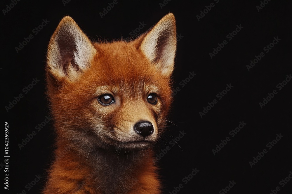 Mystic portrait of baby Dhole in studio, copy space on right side, Headshot, Close-up View, isolated on black background Mystic portrait of baby Dhole in studio, copy space on right side, Headshot, Close-up View, isolated on black background