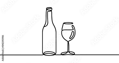 Continuous line drawing representing wine bottle and glass