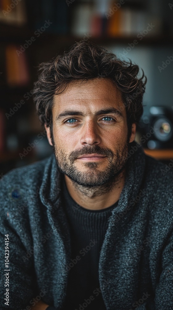 Man with curly hair and a beard is wearing a dark sweater, sitting indoors, with a camera behind him Man with curly hair and a beard is wearing a dark sweater, sitting indoors, with a camera behind him