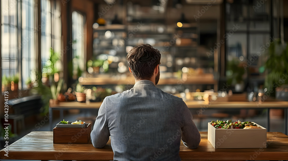 Man Sitting in a Cafe with Food on the Table, Cafe Interior, Wooden Table, Lunch Time, Enjoying Lunch, Cafe Vibes, Delicious Food, Cafe Decor, Restaurant Interior, Cozy Cafe, Interior Design Man Sitting in a Cafe with Food on the Table, Cafe Interior, Wooden Table, Lunch Time, Enjoying Lunch, Cafe Vibes, Delicious Food, Cafe Decor, Restaurant Interior, Cozy Cafe, Interior Design