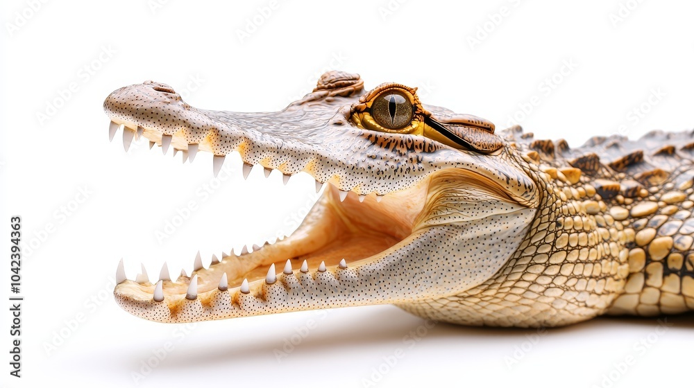 Obraz premium Close-up of a crocodile with its mouth open wide, sharp teeth visible, isolated on a clean white background. wildlife crocodile, focus on detail
