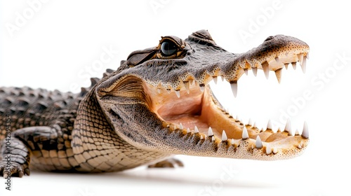 Close-up of a crocodile with an open mouth, showcasing its sharp teeth and rough skin texture, isolated on a bright white background