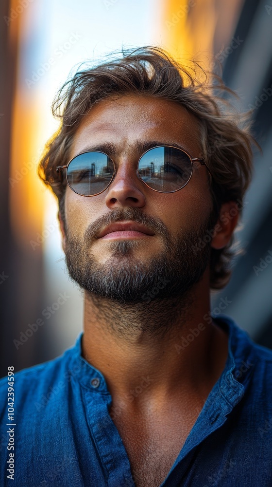 Fototapeta premium Man with sunglasses and a beard, wearing a blue shirt, stands outdoors with a blurred urban background