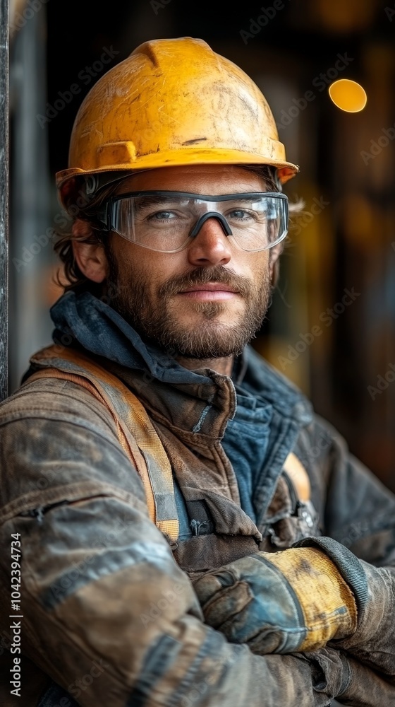Construction worker wearing a yellow hard hat, safety glasses, and protective clothing poses with crossed arms in a work setting