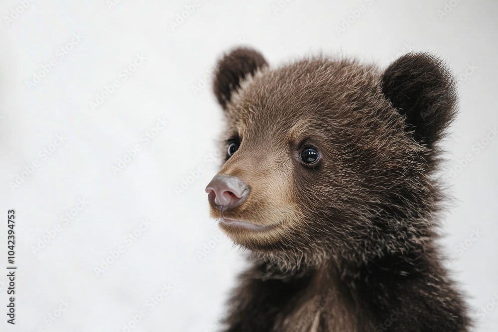 Obraz premium Mystic portrait of baby Grizzly Bear in studio, copy space on right side, Headshot, Close-up View, isolated on white background