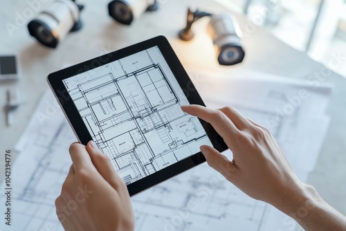 Hands holding a tablet displaying architectural blueprints, surrounded by paper plans on a desk, symbolizing modern construction design. photo