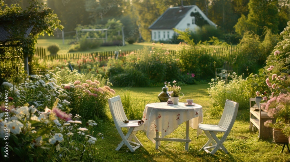 An enchanting garden scene with a teapot and cup on a small table, surrounded by lush plants and flowers, capturing a tranquil and charming outdoor tea time. An enchanting garden scene with a teapot and cup on a small table, surrounded by lush plants and flowers, capturing a tranquil and charming outdoor tea time.