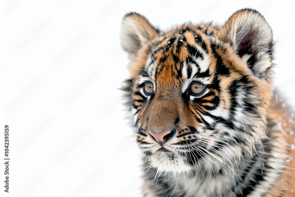 Obraz premium Mystic portrait of baby Indochinese Tiger in studio, copy space on right side, Headshot, Close-up View, isolated on white background