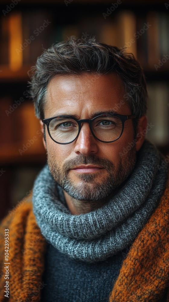 Man with glasses and a beard is wearing a gray scarf and brown coat, with a bookcase background Man with glasses and a beard is wearing a gray scarf and brown coat, with a bookcase background