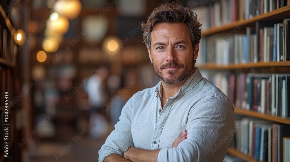 Fototapeta premium Man with a beard stands confidently in a library, surrounded by books, with blurred background and warm lighting
