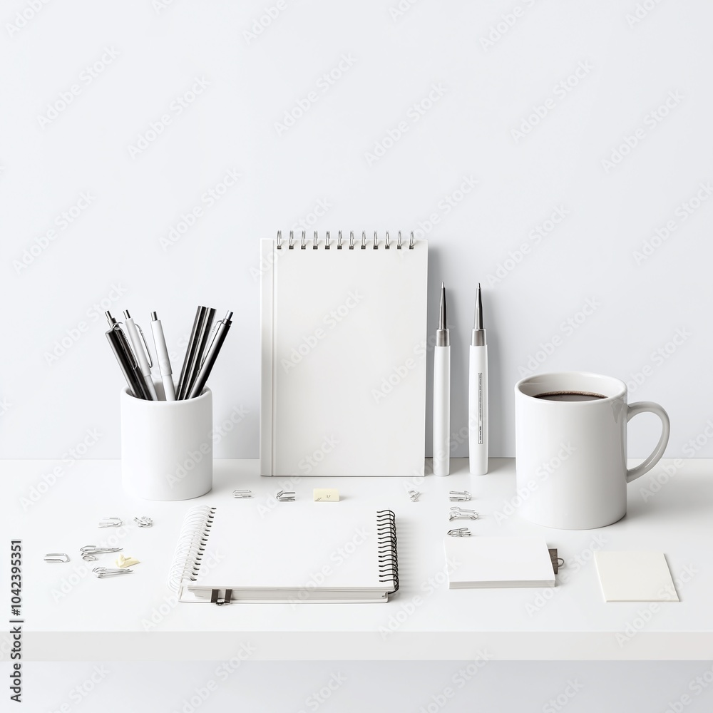 Minimalist white office desk setup with notepads, pens, and coffee mug. Clean and organized workspace for productivity and creativity. Minimalist white office desk setup with notepads, pens, and coffee mug. Clean and organized workspace for productivity and creativity.