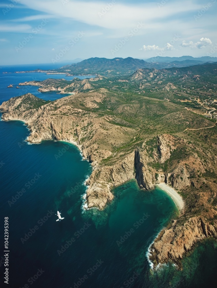 Fototapeta premium Aerial View of a Coastline with a Small Boat.