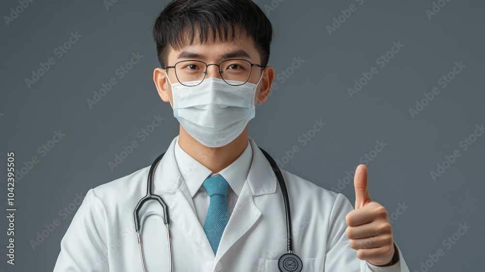 Person in medical attire with a stethoscope, wearing a mask and glasses, giving a thumbs up