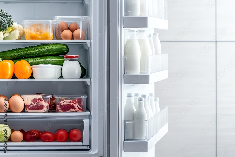 Open fridge with fresh vegetables, eggs, dairy, and meat. Perfect for healthy lifestyle, cooking inspiration, and food storage ideas. Open fridge with fresh vegetables, eggs, dairy, and meat. Perfect for healthy lifestyle, cooking inspiration, and food storage ideas.