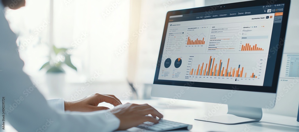 Person analyzing data on computer screen, showing charts and graphs in a bright office environment, focusing on technology and performance.