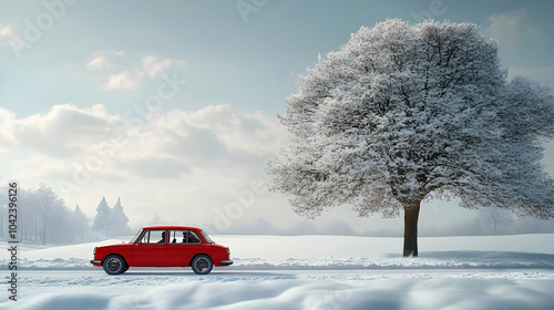 A red car parked beside a s...