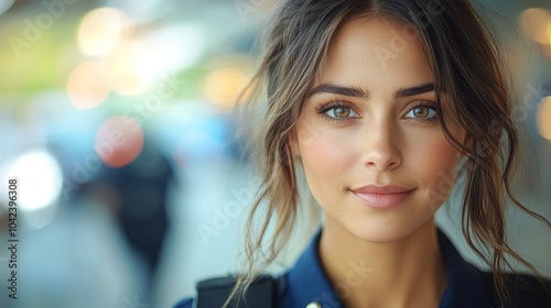 Woman with long hair and bright eyes, smiling softly, standing in a softly blurred urban background