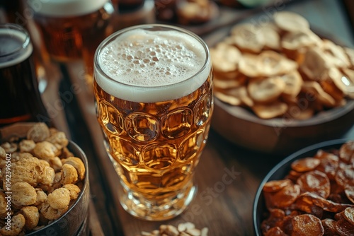 a glass of beer sitting next to a bowl of chips