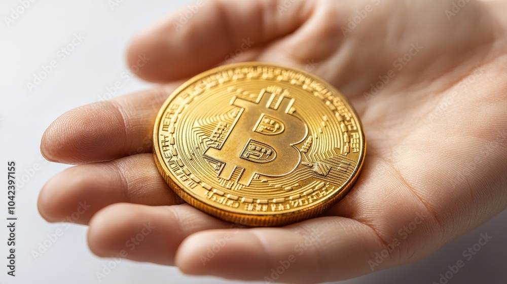 Hand holding a gold-colored coin with the Bitcoin symbol, representing cryptocurrency and digital currency concepts